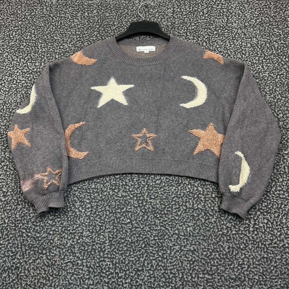 Threaded Leaf Sweater Women Medium Gray Crop Long Sleeve‎ Crew Neck New M